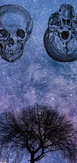 Artistic skulls against a starry night sky with a tree silhouette.