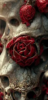 Artistic wallpaper of skulls with red roses.