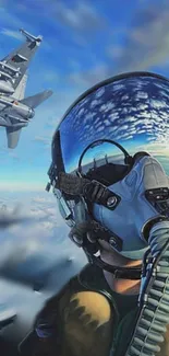 Dynamic fighter pilot wallpaper with jet and sky reflections.