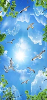 Wallpaper of blue sky, clouds, and birds with green trees.