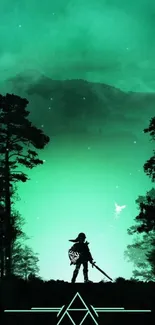 Mystical silhouette of a warrior in a glowing green forest setting at night.