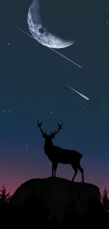 Deer silhouette beneath a starry sky with a crescent moon and shooting stars.