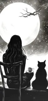 Silhouette of woman and cat under a full moon in a starry night sky.