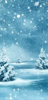 Snow-covered trees under a starry sky with falling snowflakes.