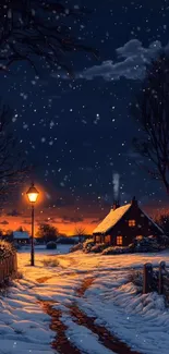 Cozy winter night cottage with snowlit path.