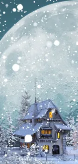 Cozy winter house with full moon in snowy landscape.