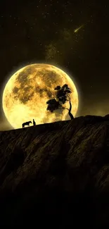 Silhouette of tree and traveler under a glowing full moon on a cliff at night.