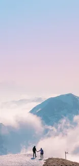 Two people hiking on a snowy mountain with pastel skies and clouds.