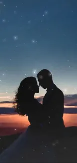 Romantic silhouette of a couple at dusk with stars in the sky.