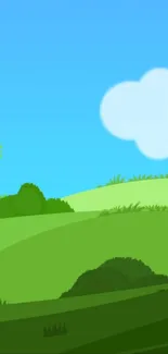 Cartoon landscape with green hills and blue sky