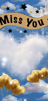 Heart-shaped cloud with golden balloons and a dove against a blue sky.