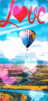 Colorful hot air balloon floats in blue sky with love message.