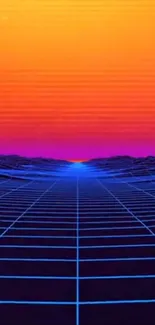 Neon retro wallpaper with grid and sunset.