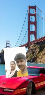 Golden Gate Bridge with a red car and two people in the photo.