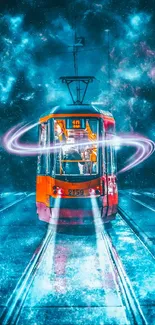 Vibrant cosmic tram with neon lights and starry night backdrop.