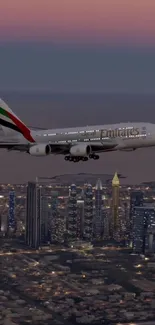 Airplane flying over a vibrant cityscape during dusk with city lights aglow.