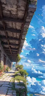 Sky view balcony with fluffy clouds.