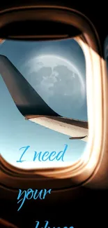 Airplane wing scenery with moon visible through window, text overlayed.