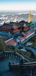 Scenic view of a mountain temple with cloudy horizon.