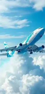 Jet flying above white clouds in blue sky.