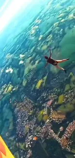 Skydiver free-falling over a scenic green landscape.