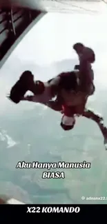 Skydiver in free fall through the clouds