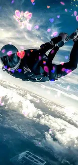 Skydiver free falling amidst clouds with a blue sky backdrop.