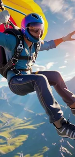 Skydiver gliding over mountains with parachute.