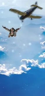 Skydiver free-falling past plane in cloudy blue sky wallpaper.