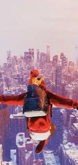 Skydiver in a red and blue urban landscape over New York City skyline.