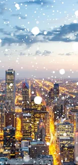 Urban skyline at dusk with city lights glowing brightly in the night.