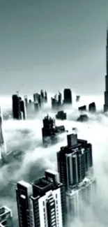 Fog-covered city skyline with towering skyscrapers in the morning.