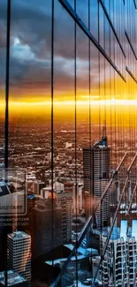 City skyline reflecting golden sunset in mirrored glass buildings.