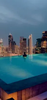 Rooftop pool overlooking a city skyline at twilight.