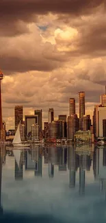 City skyline reflected in water at sunset with dramatic clouds.