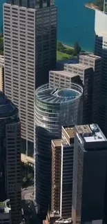 Aerial view of tall skyscrapers in a bustling city downtown area.