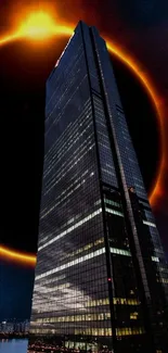 A towering skyscraper with an eclipse in a cosmic night sky.