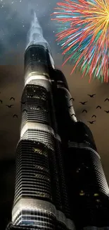 Skyscraper illuminated by fireworks in the night sky, creating a breathtaking view.