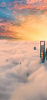 Skyscrapers rising through clouds at dawn with vibrant orange and blue sky.