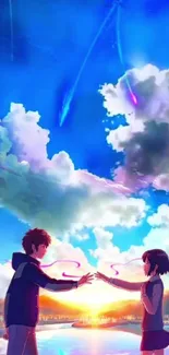 Anime wallpaper with characters under a vivid sky.