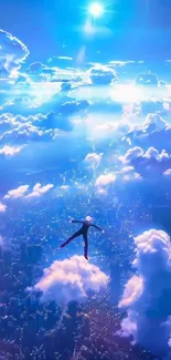 Skyward journey with clouds and a figure floating in a blue sky.