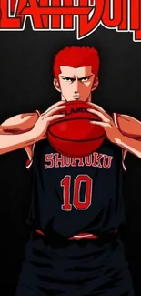 Slam Dunk anime character holding basketball with red and black theme.