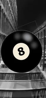 Sleek 8-ball with reflective urban backdrop.