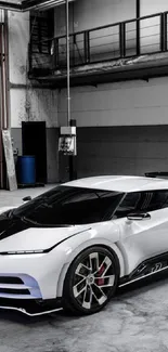 Sleek sports car in an industrial garage setting, showcasing modern design.