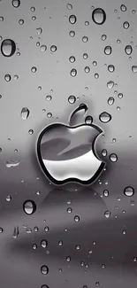 Gray wallpaper with Apple logo and metallic water droplets.