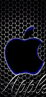 Apple logo with a metallic honeycomb background and blue accents for phone wallpaper.