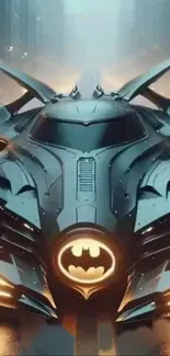 Futuristic Batmobile with glowing design in urban setting.