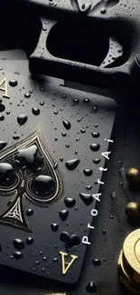 Ace of spades card with water droplets and a gun in dark theme.