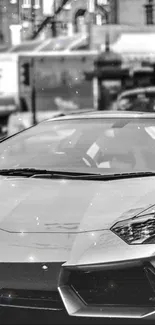 Black and white sports car in urban cityscape, capturing elegance and style.