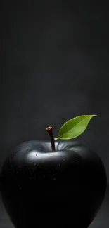 Black apple with green leaf on a dark background wallpaper.